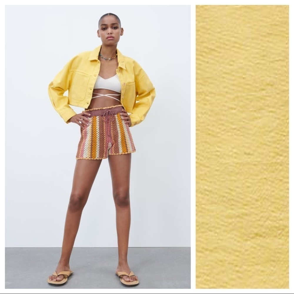 NWT. Zara 100% Cotton Yellow Cropped Collared Overshirt. Size XS.